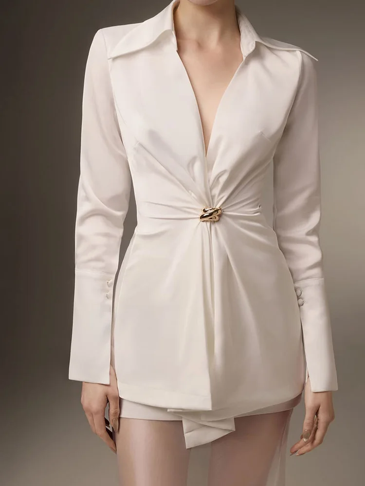 

Satin Solid Color V Neck Elegant Blouses Women Slim Tops Office Lady Turn Down Collar Work Shirts 2025 New Blouse For Female