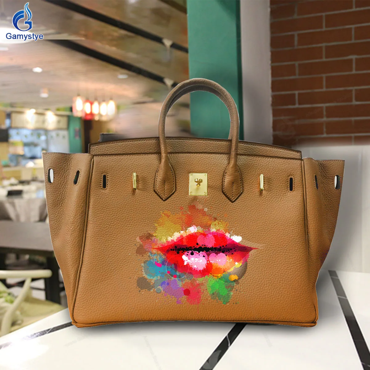 Art Print Colored lips Customize Totes 100% Cowhide Leather Designer Totes Women purses and handbags Gold Lock Hardware Fashion