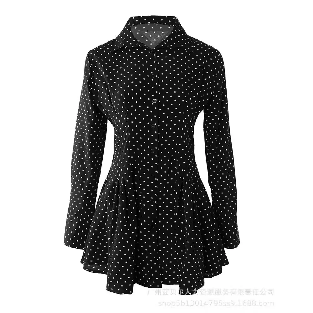 Women Dots Printed Long Sleeve Shirt Button Single Breasted Mini Bodycon Dress