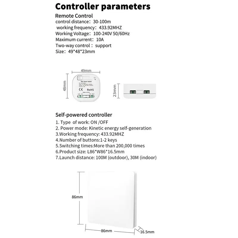 

A23P 1Set Wireless Remote Control Rf433mhz Self-Powered Waterproof Light Switch 85V-240V , 2X2gang 2Receiver