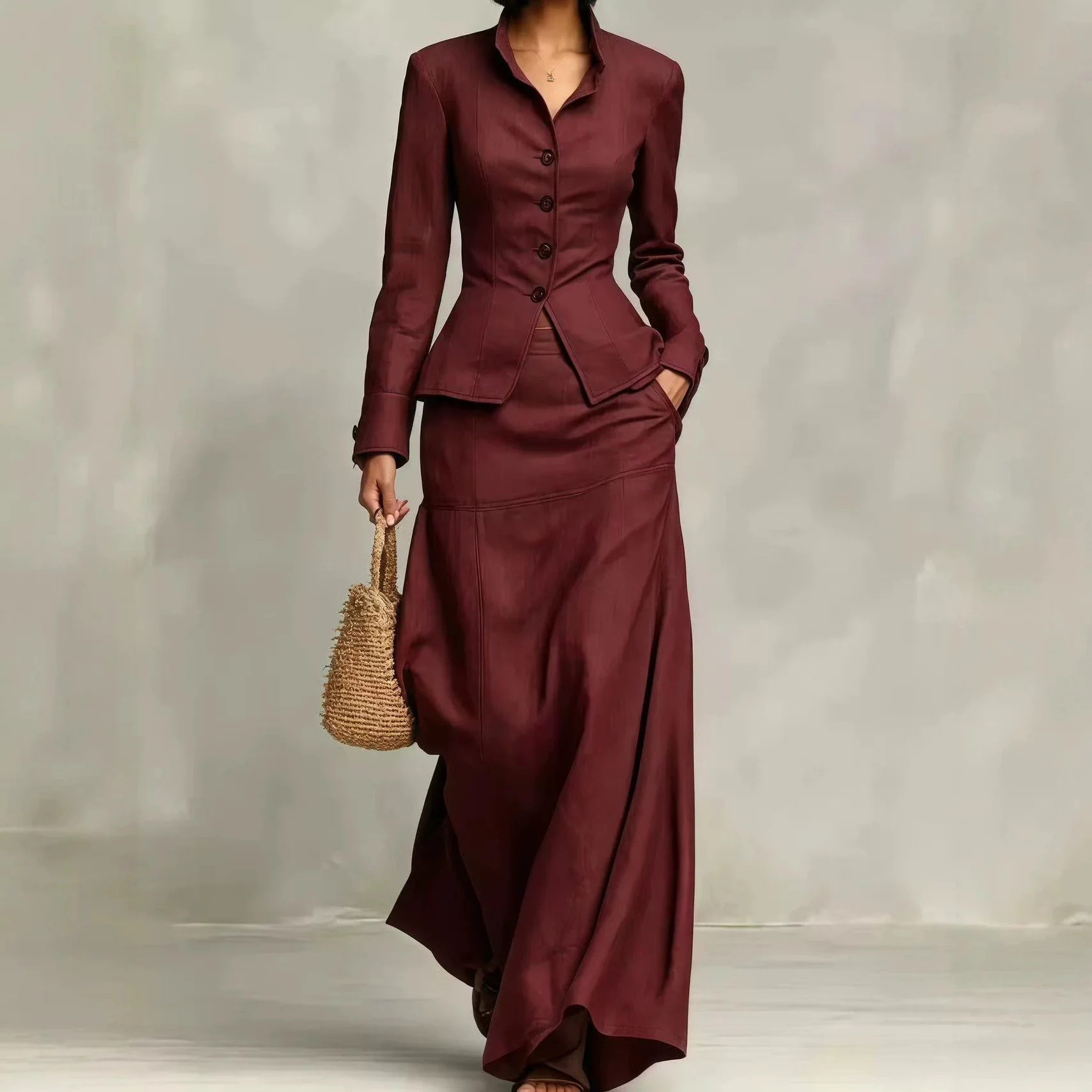 Elegant Women's Waist-Closed Blazer Skirts Suits Long Sleeve Solid Lady Sets 2025 Casual 2 Pieces Set Women
