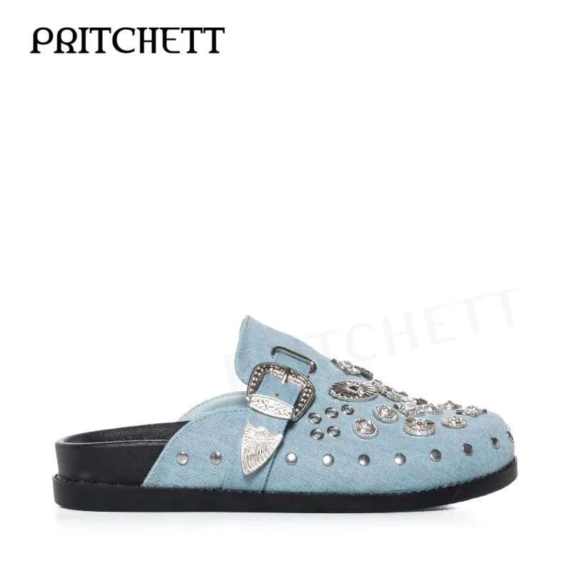 Denim Rivets Retro Thick-Soled Slippers Light Blue Denim Belt Buckle Comfortable Sandals Large Size Fashionable Women's Shoes