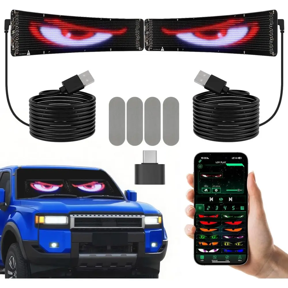 Doppi occhi da diavolo LED 23,62x4,72 con testo e animazione personalizzabili, telecomandati tramite app, cartello scorrevole flessibile per veicolo Wi