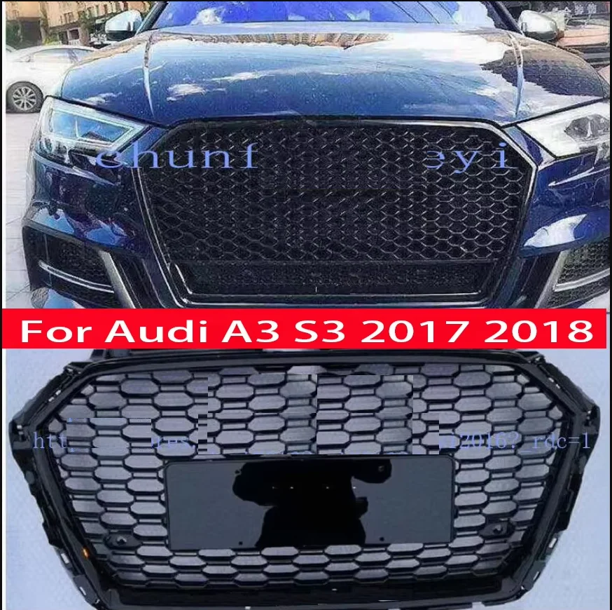 RS3 Style Front Honeycomb Grill Grille For Audi A3 S3 2014 2015 2016 2017 2018 2019 2020 Black Grill Black Rings