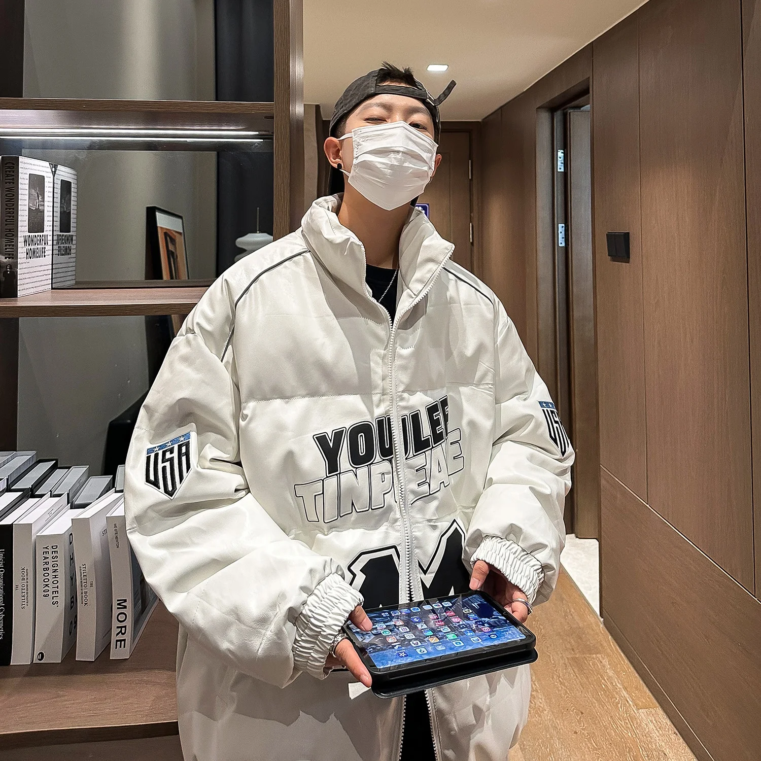 

Thiened Winter Racing Suit Cotton Jaet Men's PU Leather Warm Coat American Trendy Brand Youth Casual Faionable Cotton P...