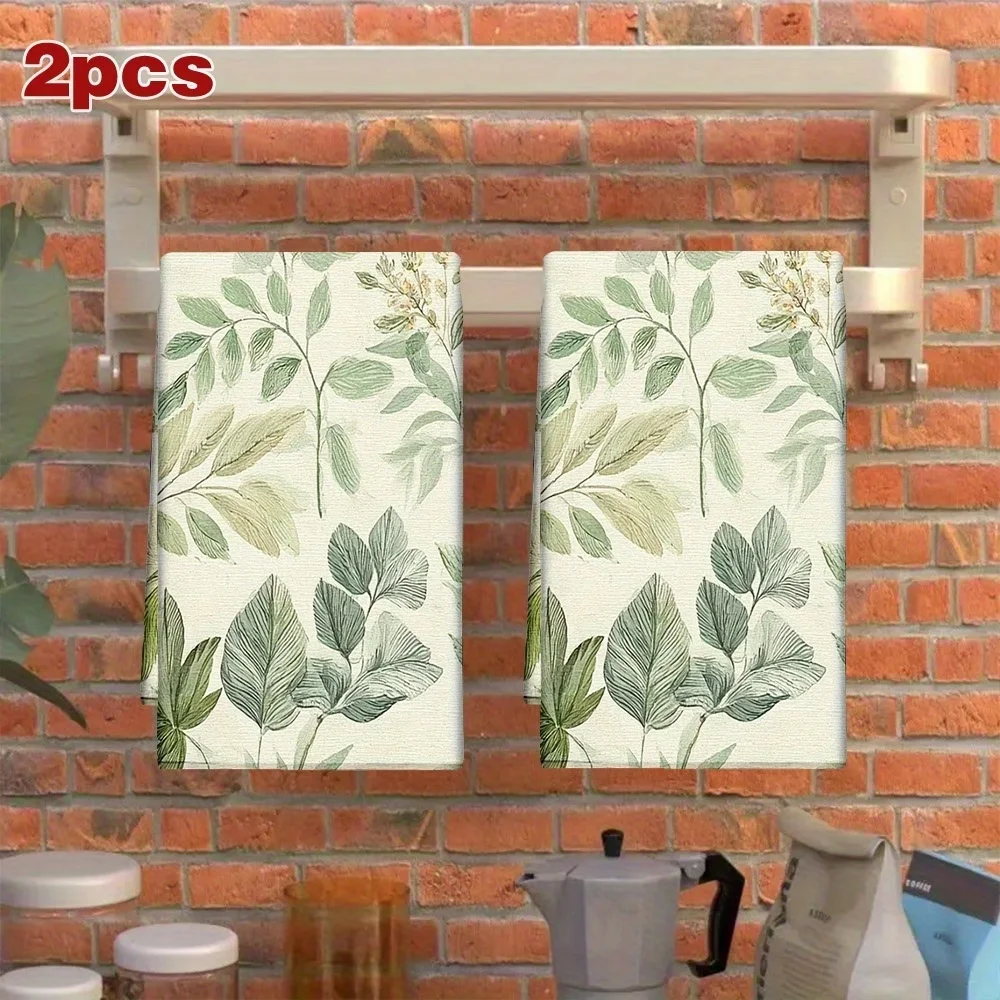 2-Pack Plant Leaf Pattern Design Kitchen Towels, Dish Towels, Hand Towels, Holiday Decorative Hand Towels, Soft Absorbent Drying Cloths, Kitchen Decor, Table Decor, Kitchen Supplies, Home Decor, Spring and Summer Floral Designs