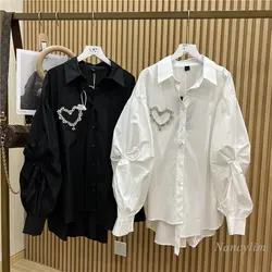 2023 Spring Shirts for Women New Ins Heavy Industry Beads Love Three-Dimensional Twisted Bubble Long Sleeve Blouse Loose Top