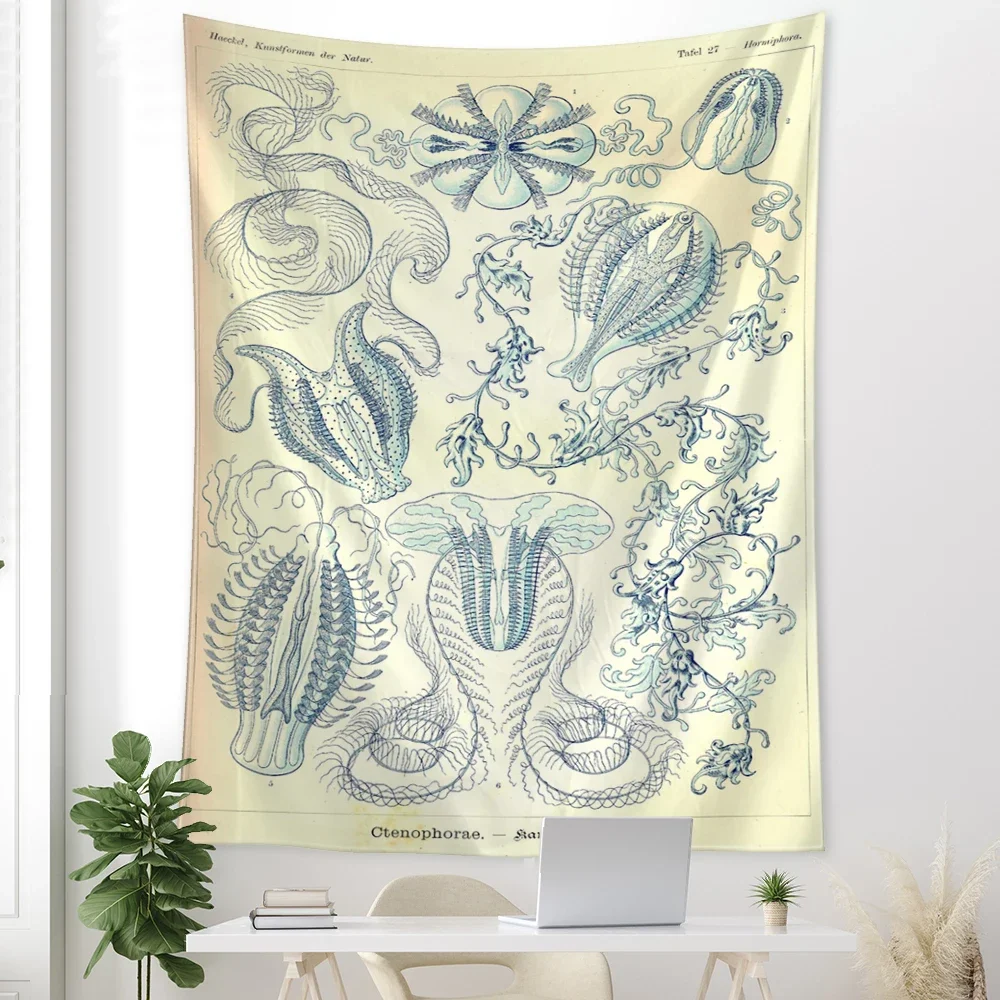 Jellyfish Seaweed Identification Chart Tarot Marine Life Theme Tapestry Wall Hanging Background Cloth for Living Room Decoration