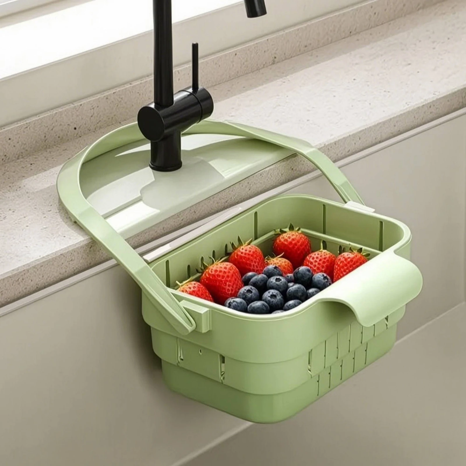 Sink Colander with Flip Cover Space-Saving Hanging Sink Basket Drain Basket Compact Faucet Storage Rack Easy to Store for Rv