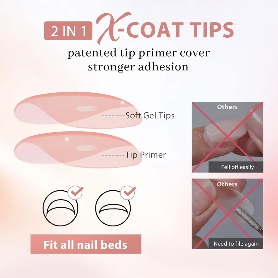 เล็บปลอมแบบกดติด ขนาดกลาง ปลายเล็บทรงอัลมอนด์ XCOATTIPS สีธรรมชาติ พร้อมสีรองพื้น ยึดติดแน่นขึ้น รูปทรงสำเร็จรูป กระชับพอดี