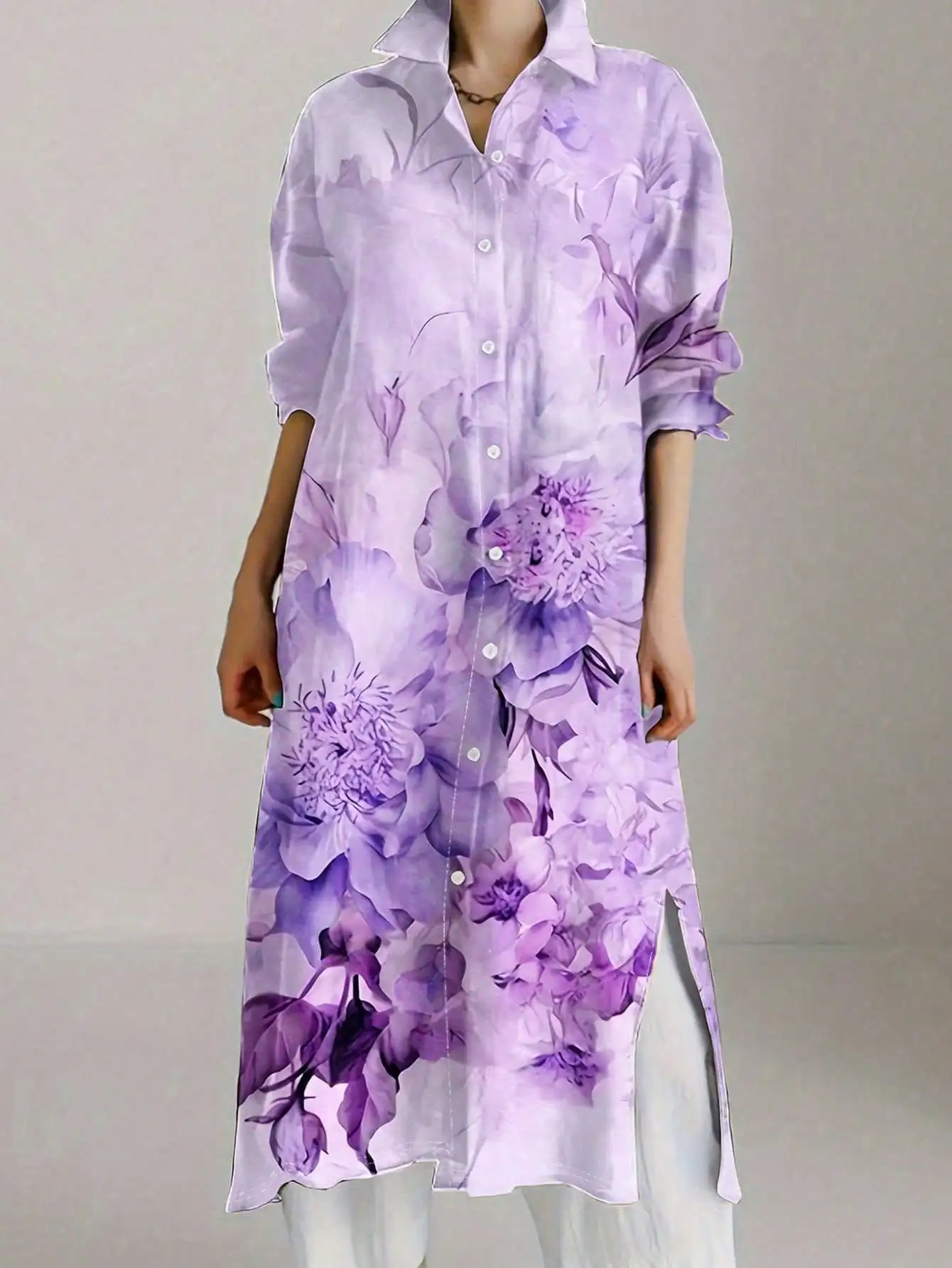 

Plus Size Women's Retro Chic Floral Print Long Sleeve Shirt Dress