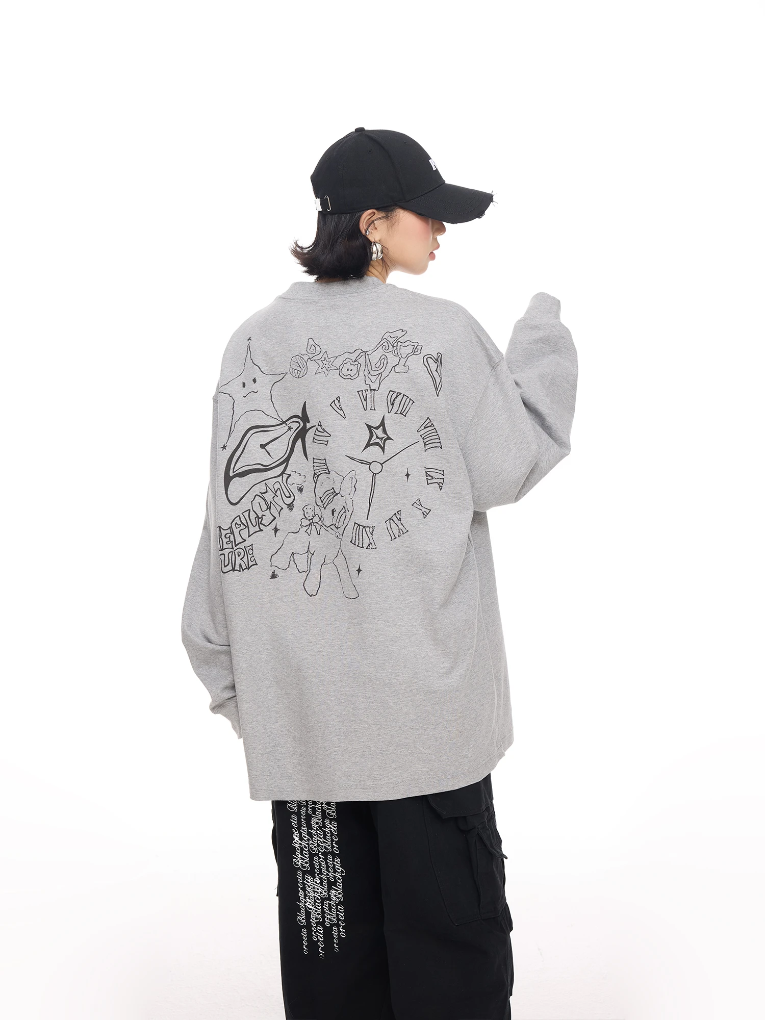 

Retro American Fun Print Long Sve T-irt Women's Loose Lazy Sle Autumn Faionable Top Streetwear Cotton Polyester Blend