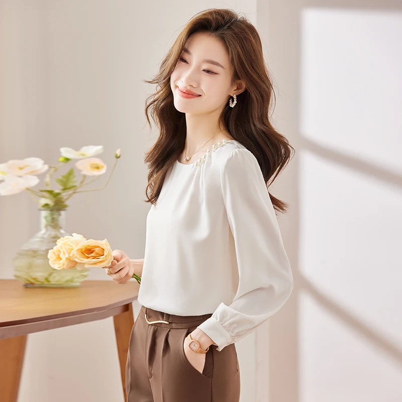 NAVIU Light Purple Satin Shirt Women Long Sleeve Spring Autumn New Design High End Temperament Blouses Office Ladies Work Tops