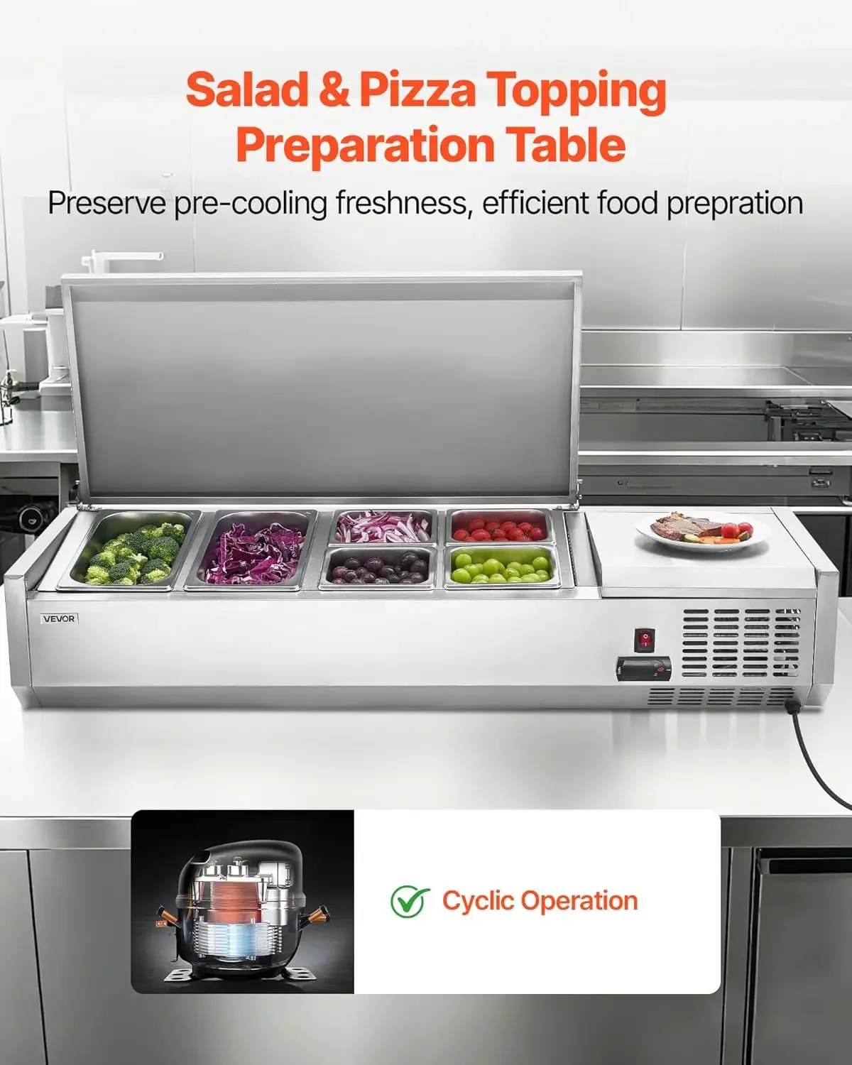 Refrigerated Condiment Prep Station, 130 W Countertop Refrigerated Condiment Station, with Two 1/3 Pans & Four 1/6 Pans, 304