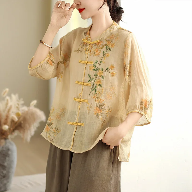 

Chinese Style See Through Blouse Women 2025 New Summer Loose Flower Embroidery Shirt Three Quarter Sleeve Soft Casual Tops