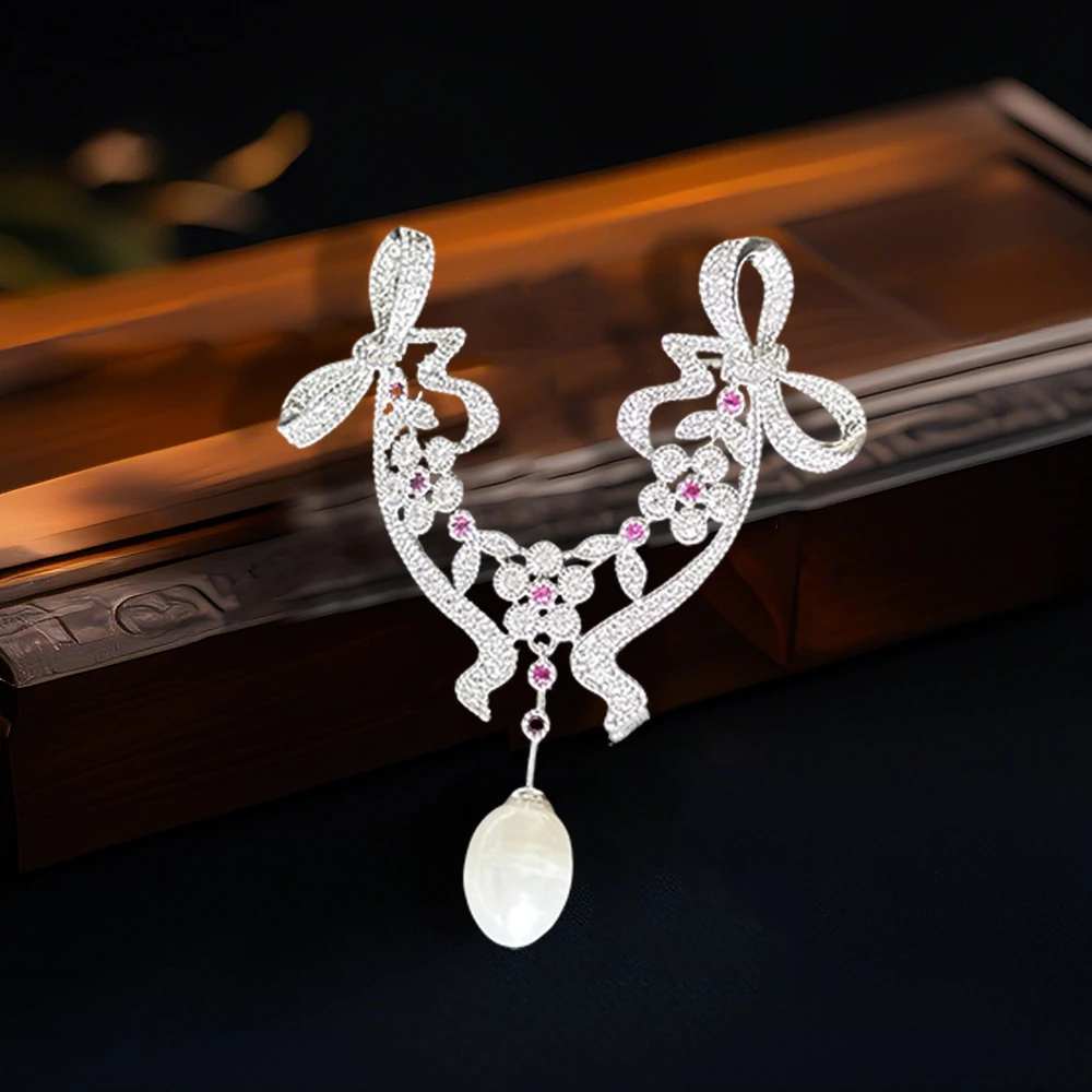 OKILY Lovely Palace Style Freshwater Pearl Brooches Zircon Bowknot Flower Broche Decorativo De Ropa for Woman's Clothing Corsage