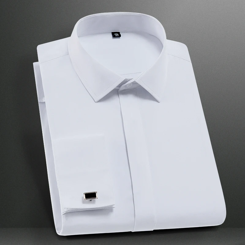 Classic Men's French Cuffs Dress Shirt Long Sleeve Covered Placket Formal Business Standard-fit Office Work White Shirts M-6XL