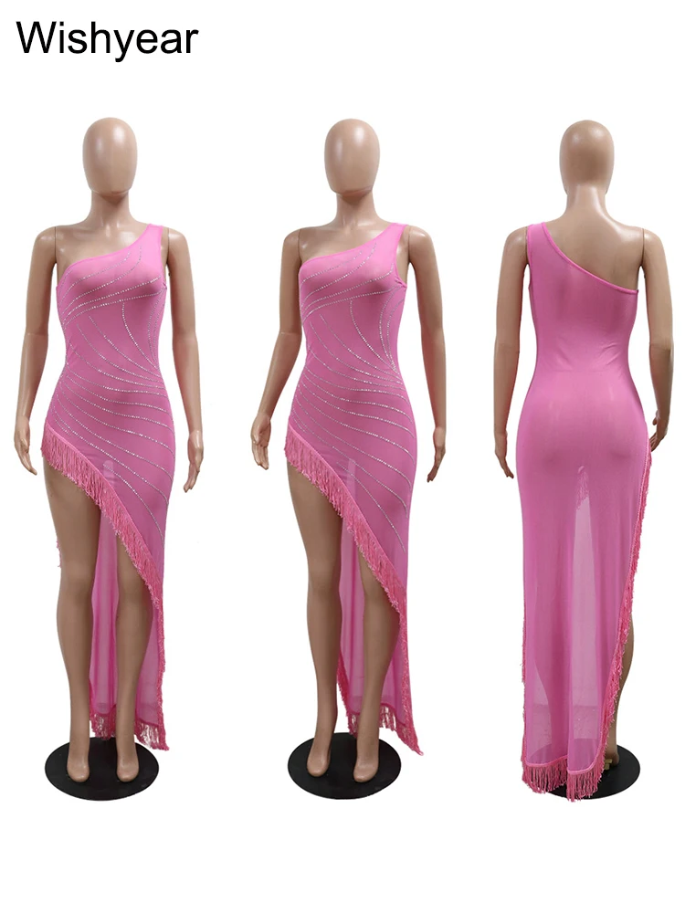 New Diamonds One Shoulder Tassel Irregular Pink Dress Women’s Sexy Sleeveless Slim Lady Club Party Birthday Night Maxi Long Robe