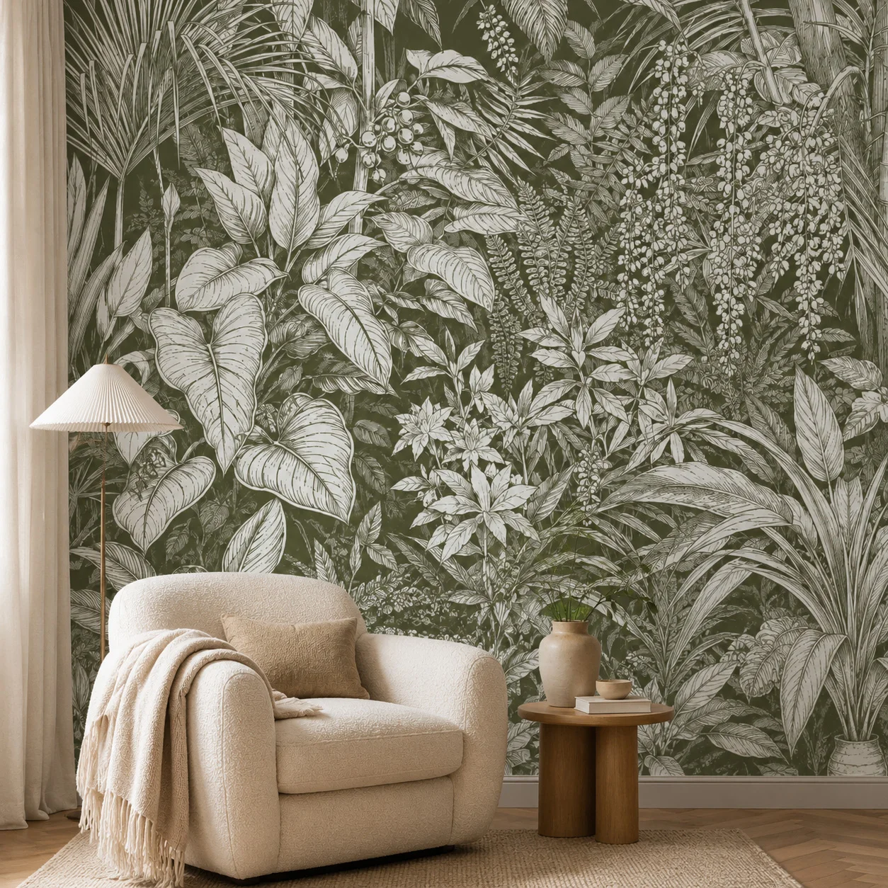 Vintage Olive Green Tropical Jungle Wall Mural Wallpaper, Botanical Leaf Forest Decor for Dining Room Living Room,Paste Required