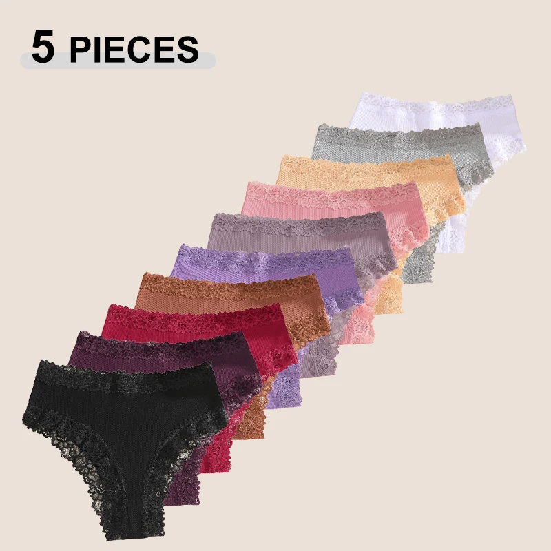 5Pcs/Set Seamless Cotton Bikini Panties Sexy Patchwork Lace Floral Underwear High Waist Brazilian Pants Female Soft Lingerie New