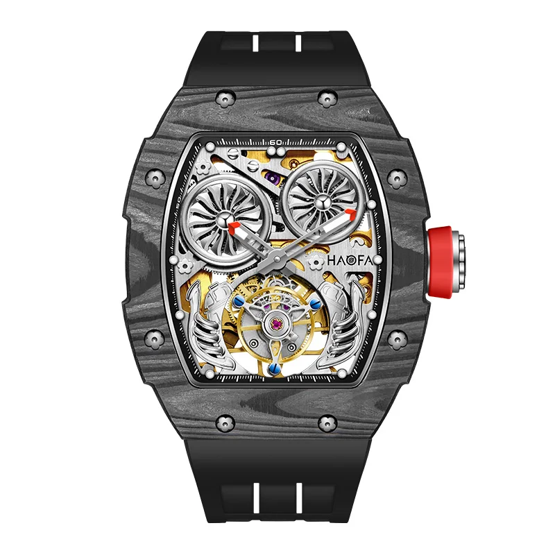 Haofa Mechanical watch Man Tourbillon Turbine Double-Spring Drive Automatic Movement Sport Hollow Skeleton Carbon Fiber 1922