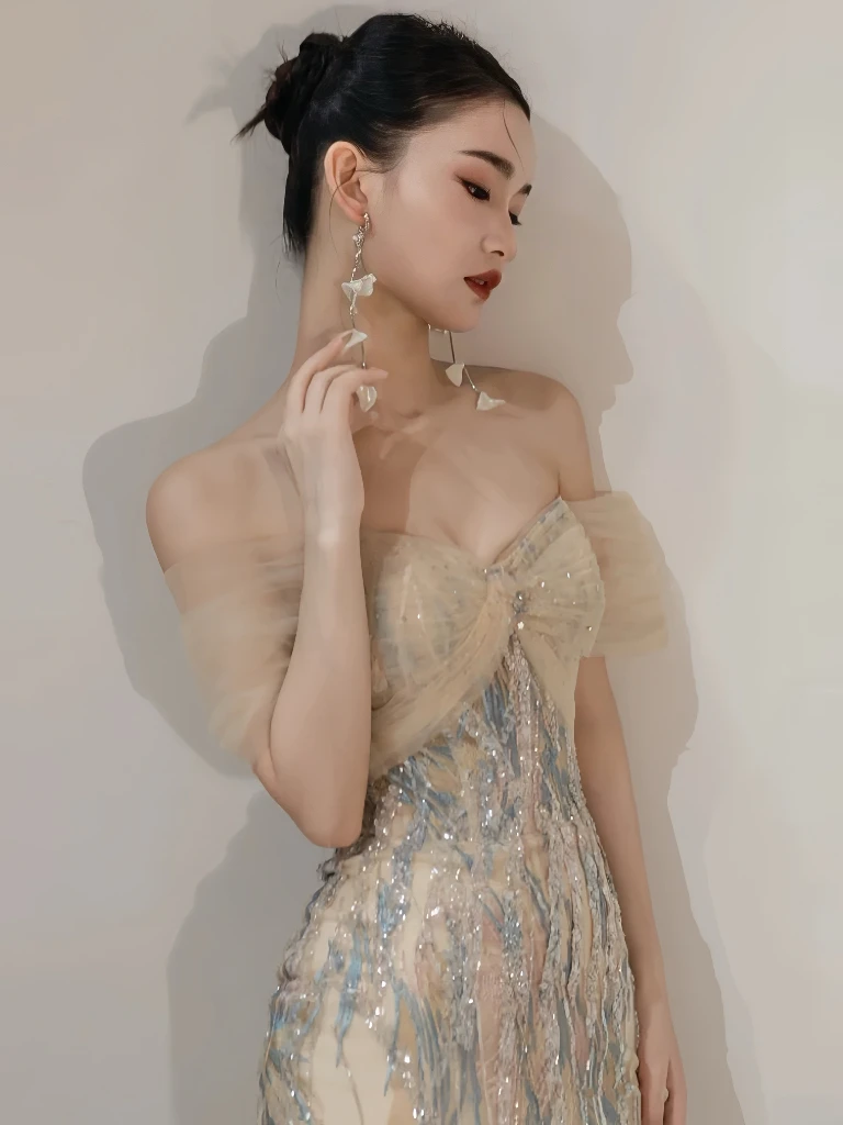 Champagne Shiny Mermaid Cocktail Dresses Luxury Strapless Off the Shoulder Floor Length High-end Party Host Evening Gowns New