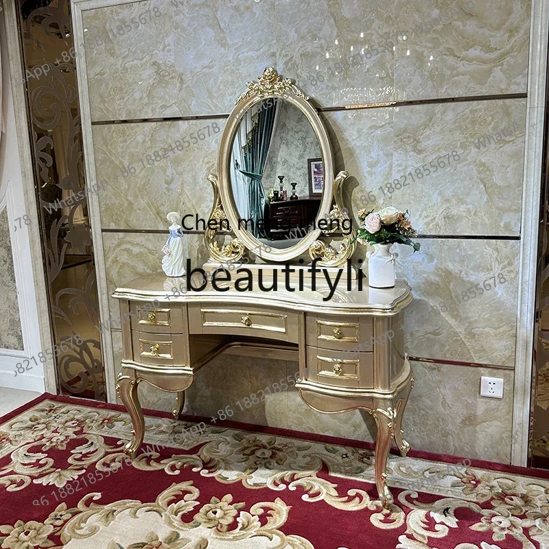 French solid wood luxury dressing table stool, European simple dressing table, bedroom carved curved combination dressing table2