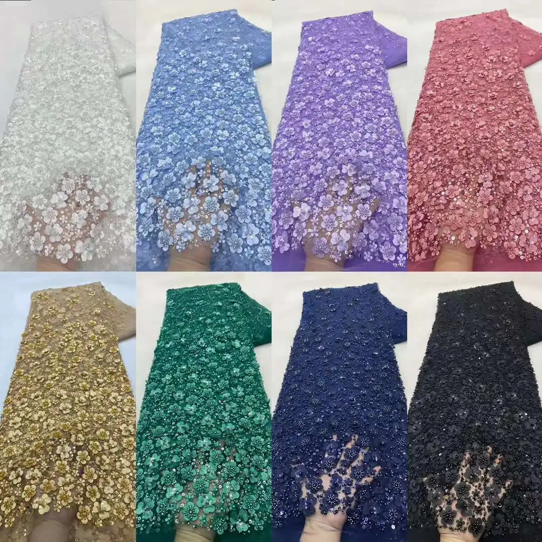 White African Beaded Lace Fabric, Nigerian Groom, French Tulle, Sequins Fabric for Wedding Sewing, Luxury Bridal, High Quality,
