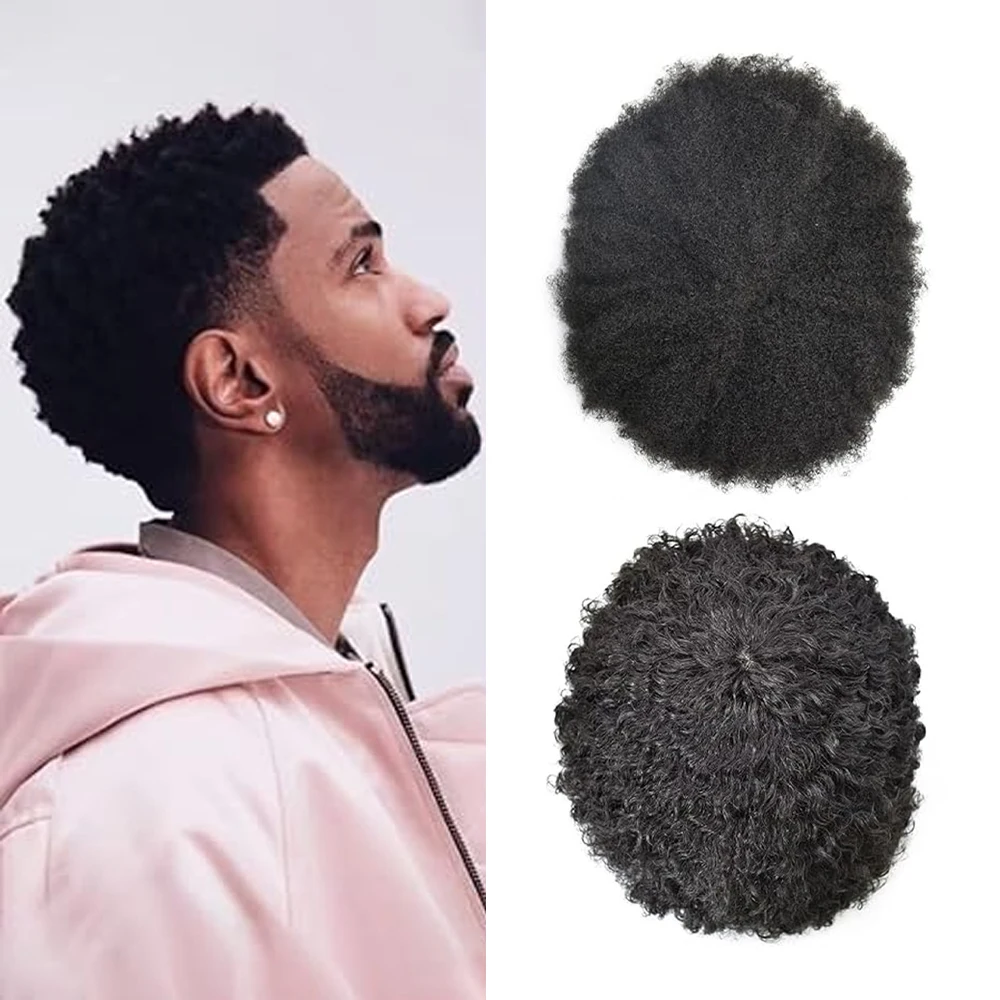 

【TIMIA】Мужской парик с основой из ПУ, из натуральных волос # Накладка для волос 1B Nuture Black, 8x10 дюймов, 120% плотность, 6 мм/4 мм, кудрявые волны, тонкая, 0.1 мм