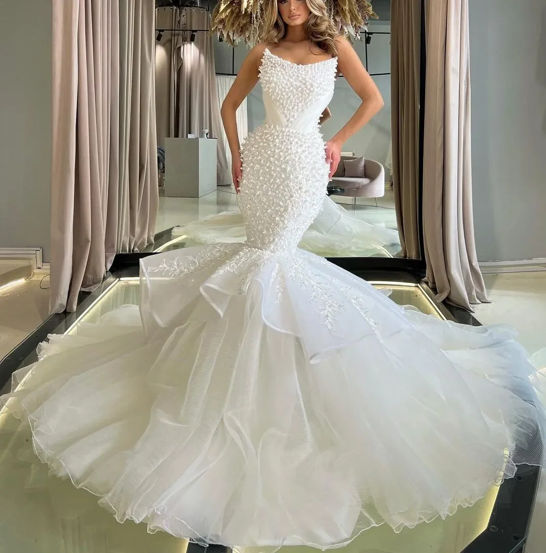 Aangepaste 2026 luxe zeemeermin 3D kant parel sticker trouwjurk mouwloze v-hals backless sexy lange vloer lengte bruidsjurk