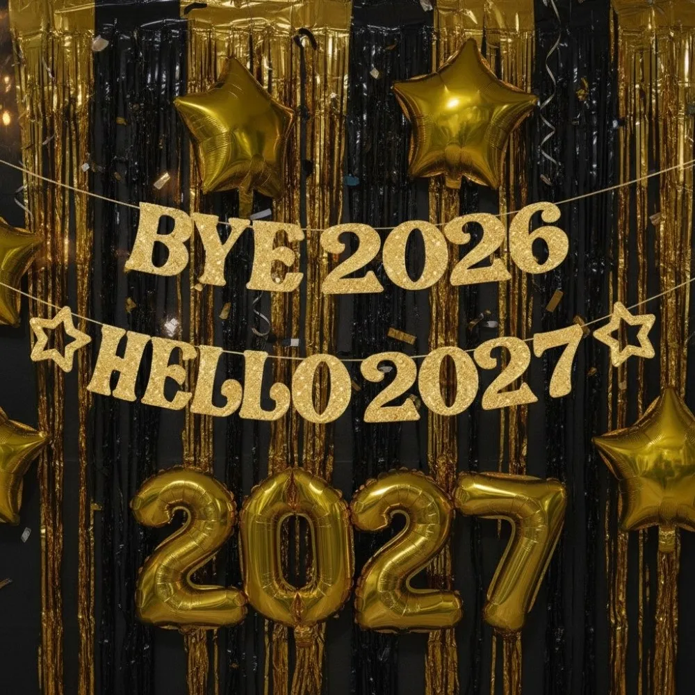Gorgeous Glitter BYE 2026 HELLO 2027 Banner DIY Golden New Year Party Hanging Flag Festival Paper Party Decoration Banner Mall