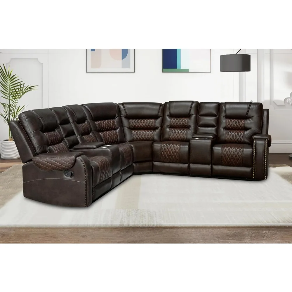 Manual Recliner Sectional Sofa Set with Cup Holders &Storage Box PU Leather L-Shaped Couch for Living Room Brown110Dx110