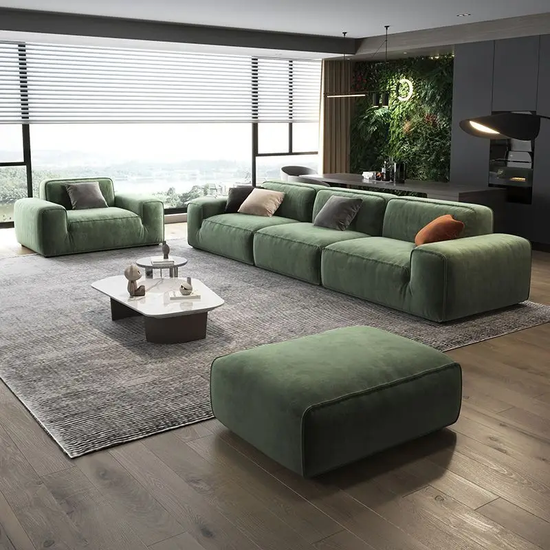 Italian minimalist large black cow fabric sofa light luxury technology cloth straight row leather sofa leave-in chenille velvet