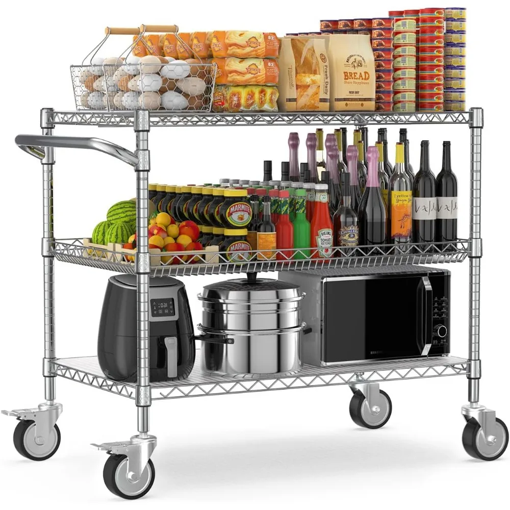 

1120LBS Heavy Duty Rolling Utility Cart,3 Tier Rolling Carts with Wheels,NSF Commercial Grade with Handle Bar & Shelf Li
