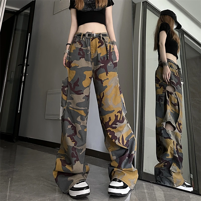 

Hole Casual Camouflage Trousers Women Vintage High Waist Pockets Patchwork Wide Leg Pants Y2k Punk Pantalones Mujer