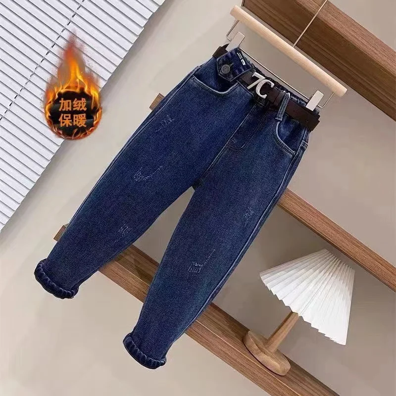 

Autumn Winter New Kid Baby Boys Pant Denim Elastic Solid Thickened Warm Children Boys Trousers Loose Little Boys Pants