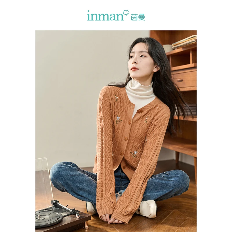 INMAN Women Knit Cardigan 2023 Autumn Long Sleeve Round Neck Loose Sweater Hollow Out Embroidery Casual All-match Outwear Tops