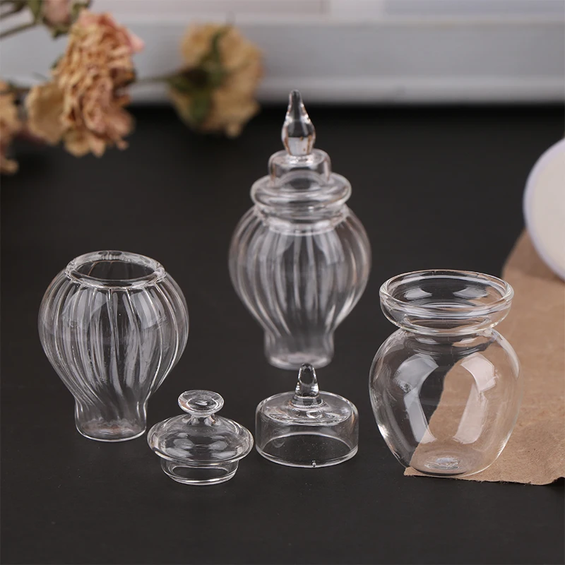 1pc Dollhouse Miniature Pickle Jar Clear Glass Candy Jar Coffee Bean Storage Bottle With Cover Model Kitchen Decor Toy