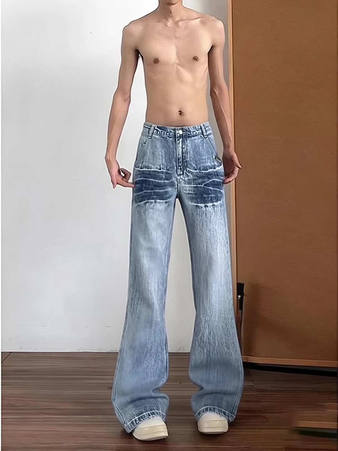 

Мужские джинсы American High Street Lightning Pattern с широкими штанинами, на флисовой подкладке, Cleanfit, расклешенные, повседневные, удобные