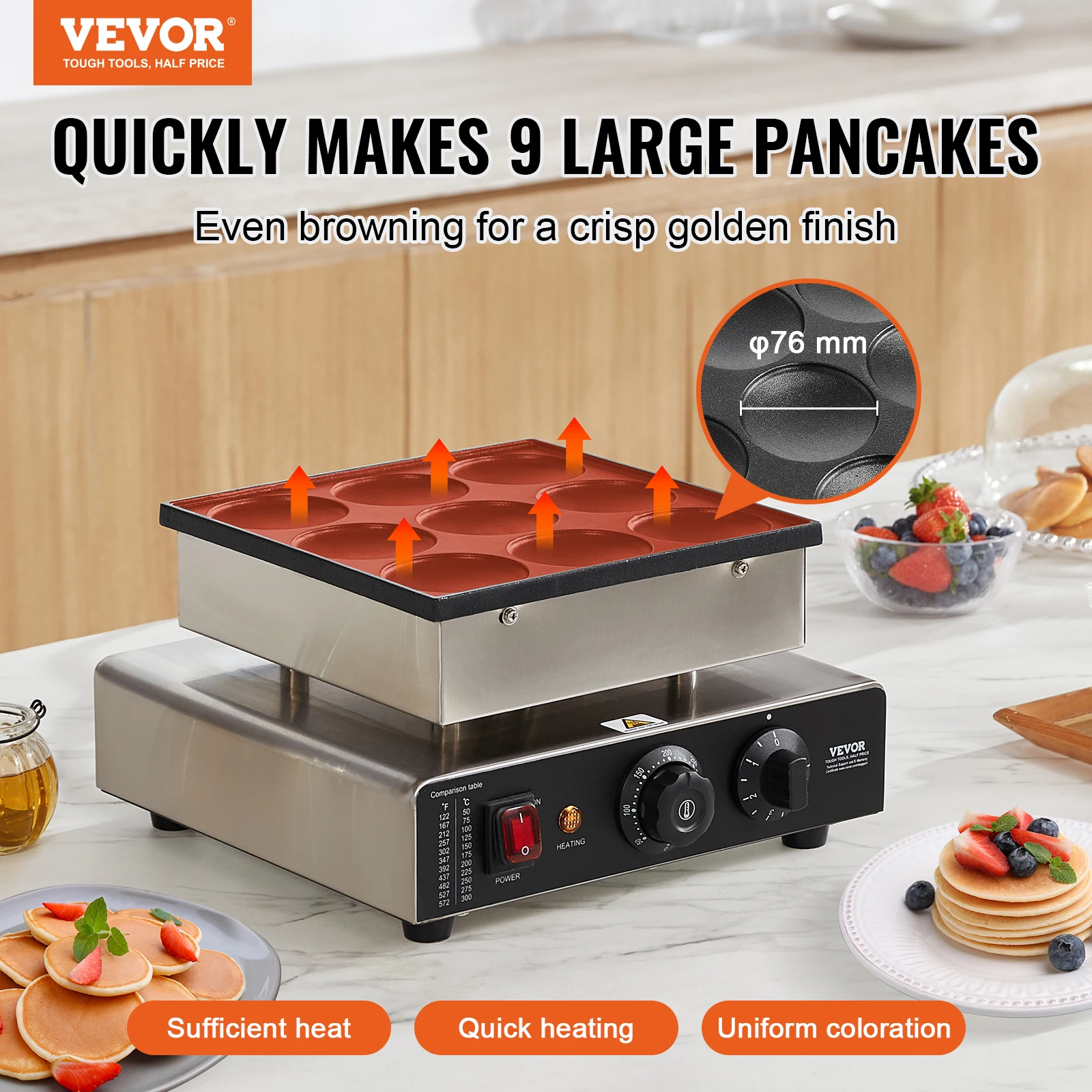 VEVOR Dutch Pancake Maker 9PCS Diameter Dorayaki Baker Machine Commercial Electric Poffertjes Grill, Non-stick Stainless Steel