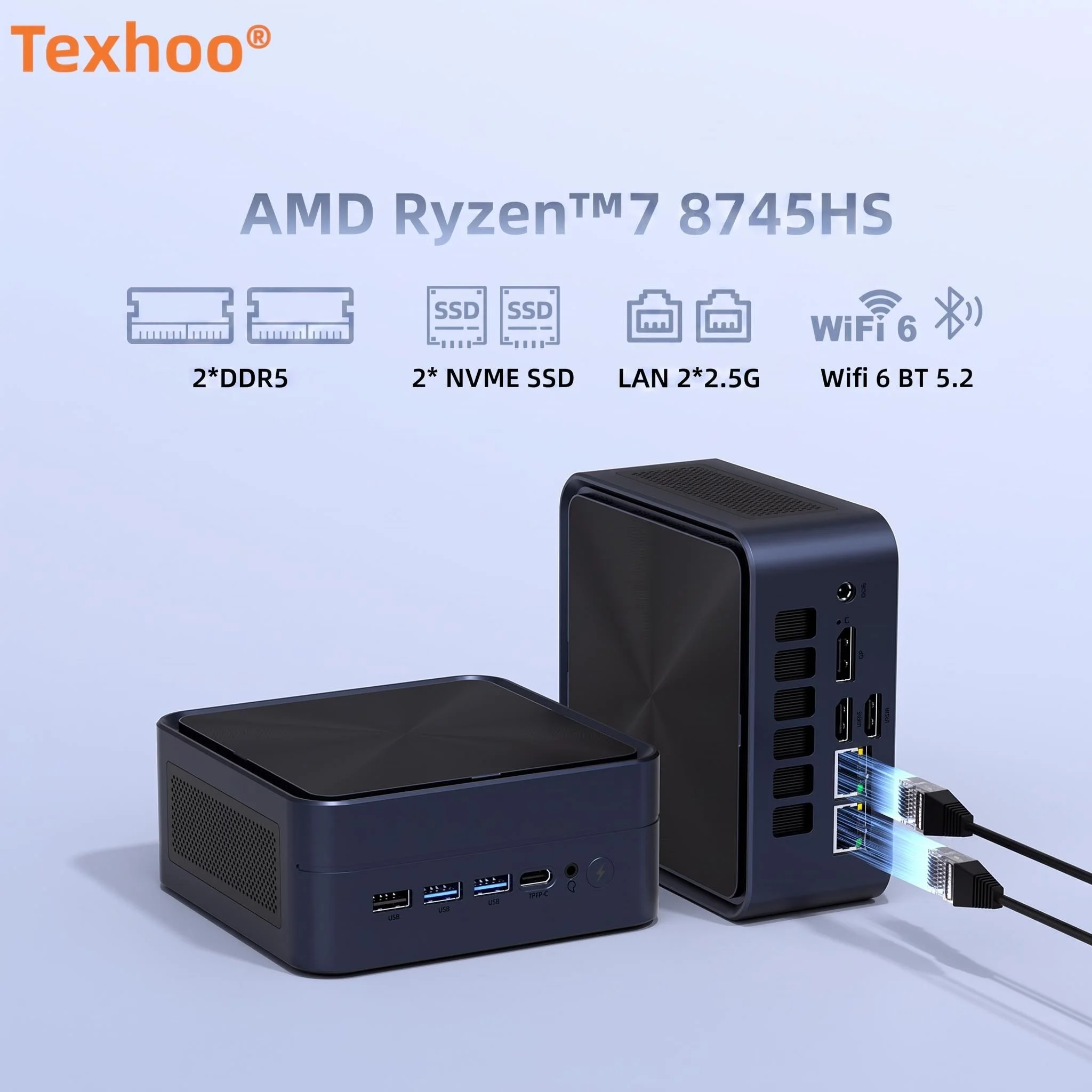 Texhoo Gaming MINI PC AMD Ryzen7 8745HS  NO RAM SSD Windows 11 Desktop Mini Computers WiFi6 BT5.2 Triple 4K Display