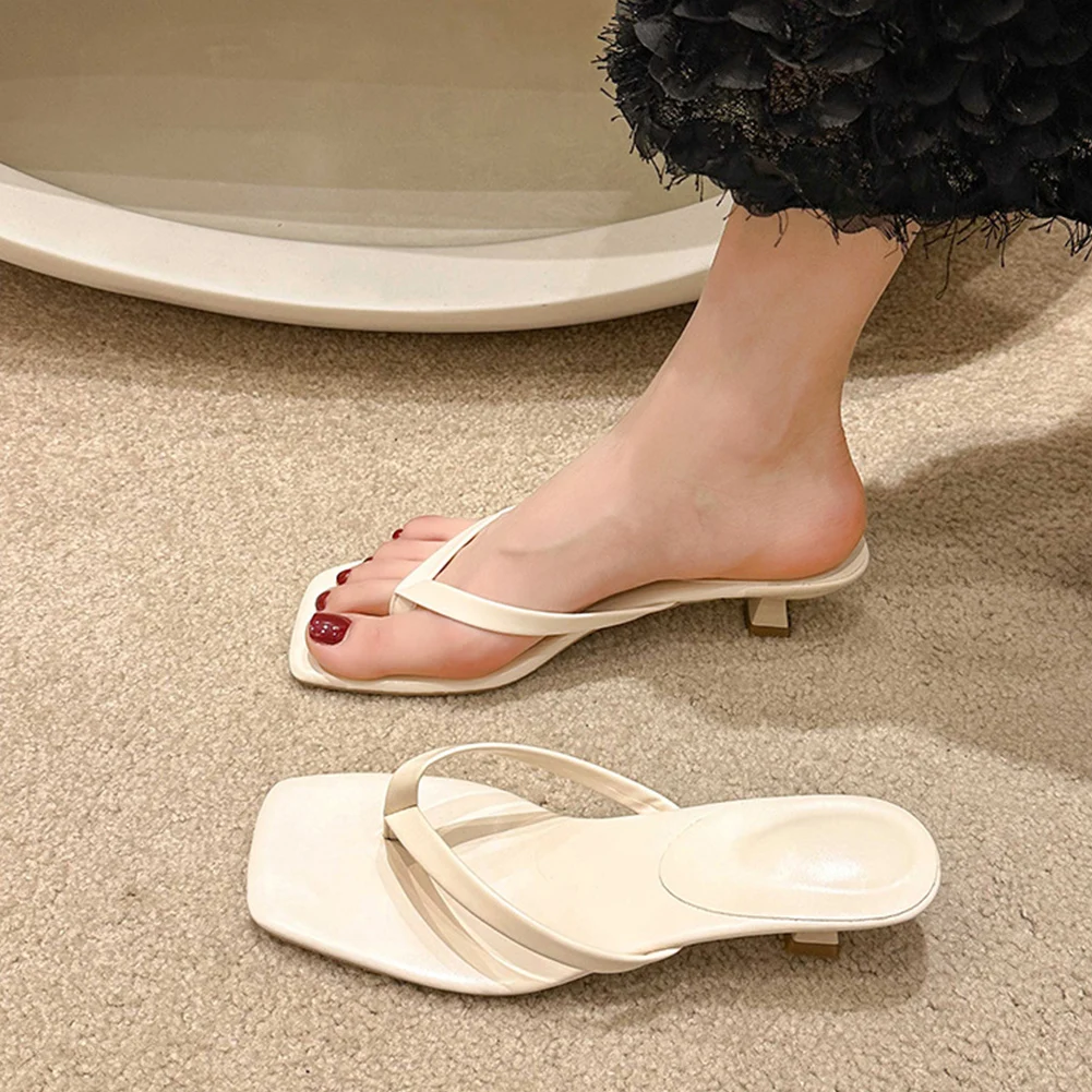 

Women Summer Clip Toe Slippers Solid Color Stiletto Square Toe Sandals PU Leather Thin Heel Flip Flops for Seaside Beach Travel