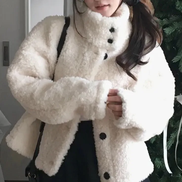 أنيقة الخريف الشتاء ort معطف فرو الضأن الدافئة الوقوف طوق كلية Sle المرأة ملابس خارجية تصميم الرجعية مكافحة الشيخوخة العصرية