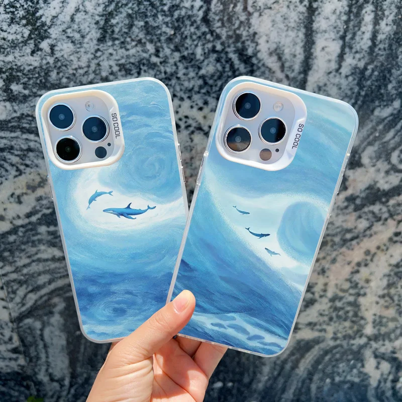 Summer Ocean Animals Shark Dolphin Fish Phone Case For iPhone 13 Mini 12 11 Pro Max 16 15 14 Pro Max Plus Shockproof Laser Cover