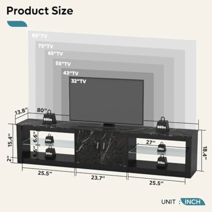 Living room TV stand for 75/85/86 inch TVs, engineered wood in black, with tempered glass shelves and cable management for PS5