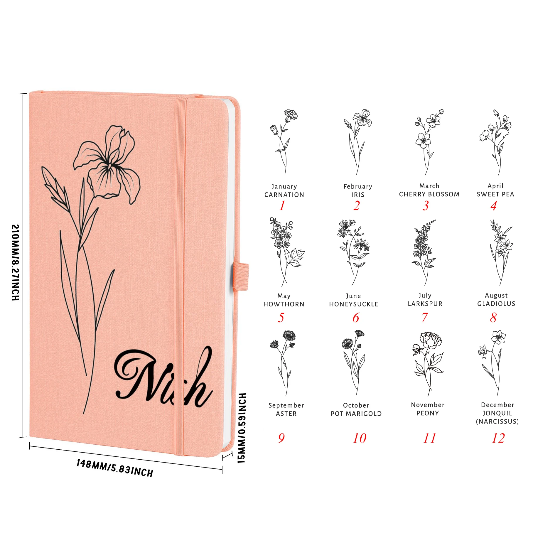 Personalized Custom Birth Flower Notebook Customized Name Notes A5 Leather Notepad Custom Recipes Journal Gift Birthday Notebook