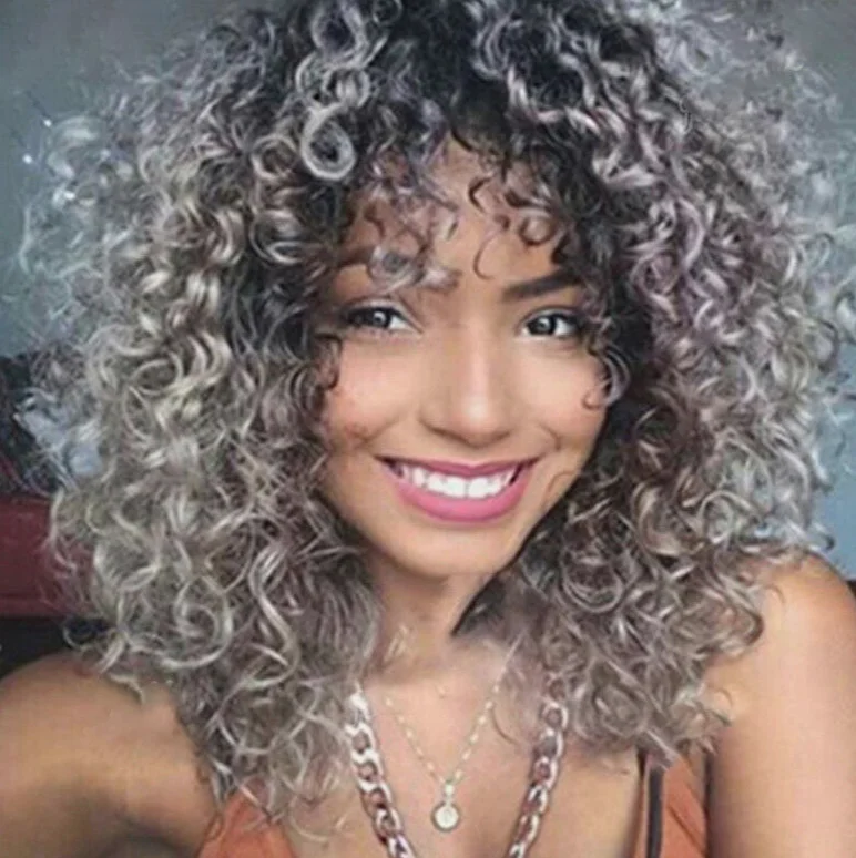 Afro corto rizado sintético medio completo Bob pelucas Ombre peluca de pelo gris peluca llena EE. UU.