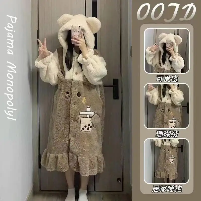 

Cartoon Winter Robe Women's Pajamas New Coral Fleece Sleepwear Thicken Nightwear Keep Warm Homewear Kawaii Hooded Nightdress
