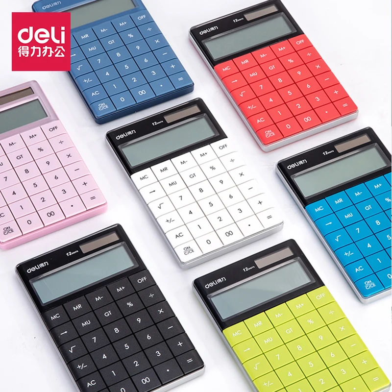 Deli 1589 Desktop Calculator Student Office Colorful 12-bits Large-button Multifunctional Dual Power Supply Electric Calculator