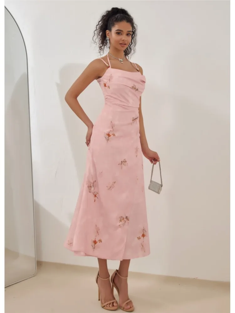 فساتين نسائية وردي رسن مطبوع مطوي بروتيل رداء أنيق غير رسمي للحفلات الراقصة ملهى ليلي لحفلات الزفاف والولائم المسائية #6